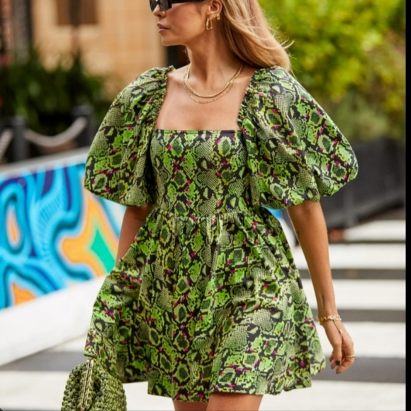 aje green dress puff sleeves Alma Midi Dress | Green Sapphire main image 1
